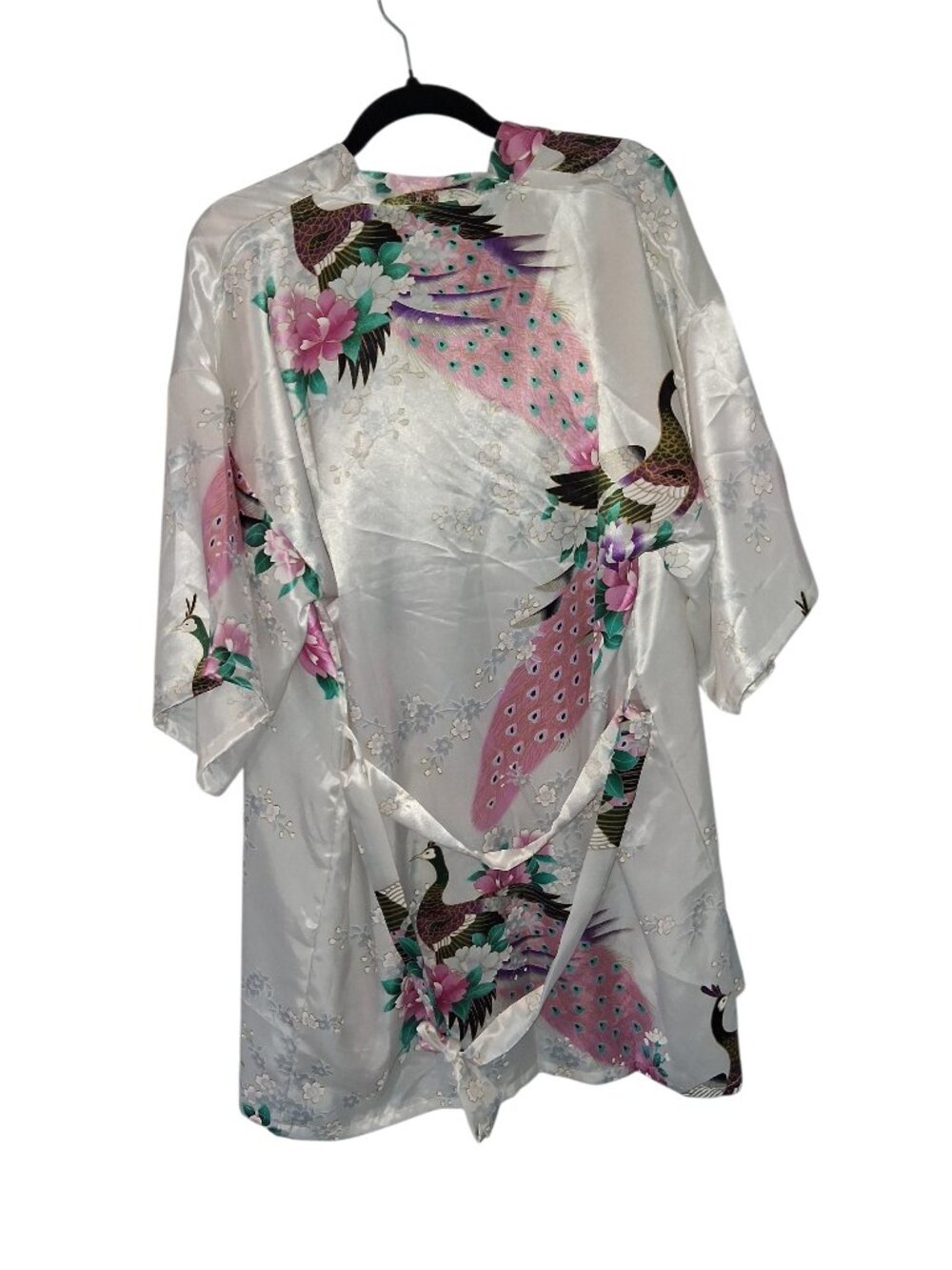 Han Bao Gong Women's Peacock Floral Satin Kimono Robe Cover Up Size M - Picture 2 of 3